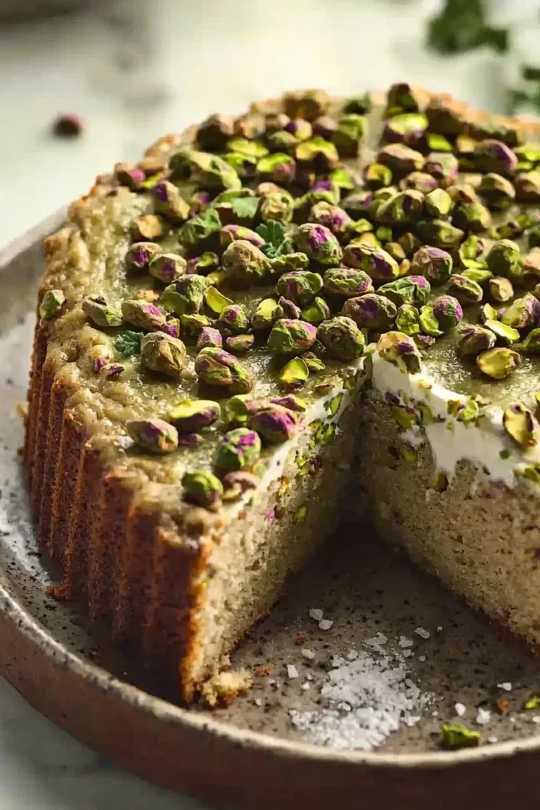 Leckerer Pistazienkuchen mit frischen Pistazien und cremiger Glasur