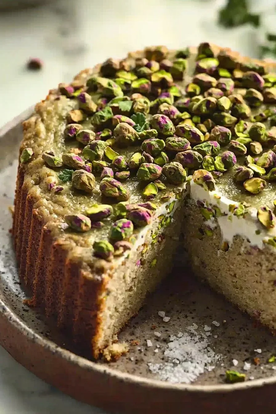 Leckerer Pistazienkuchen mit frischen Pistazien und cremiger Glasur