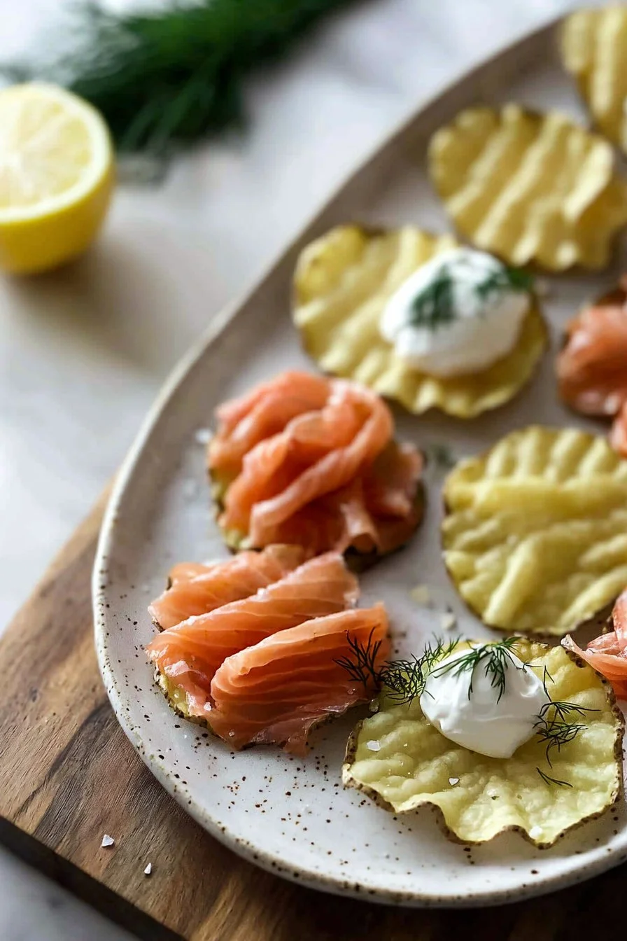Räucherlachs Canapés auf Kartoffelchips, perfekter Snack für festliche Anlässe