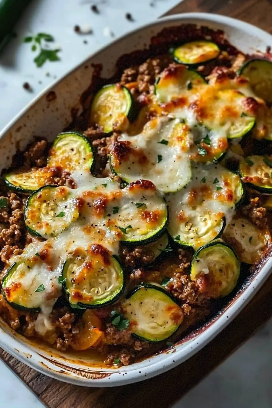 Rinderhackfleisch-Zucchini-Auflauf frisch aus dem Ofen serviert