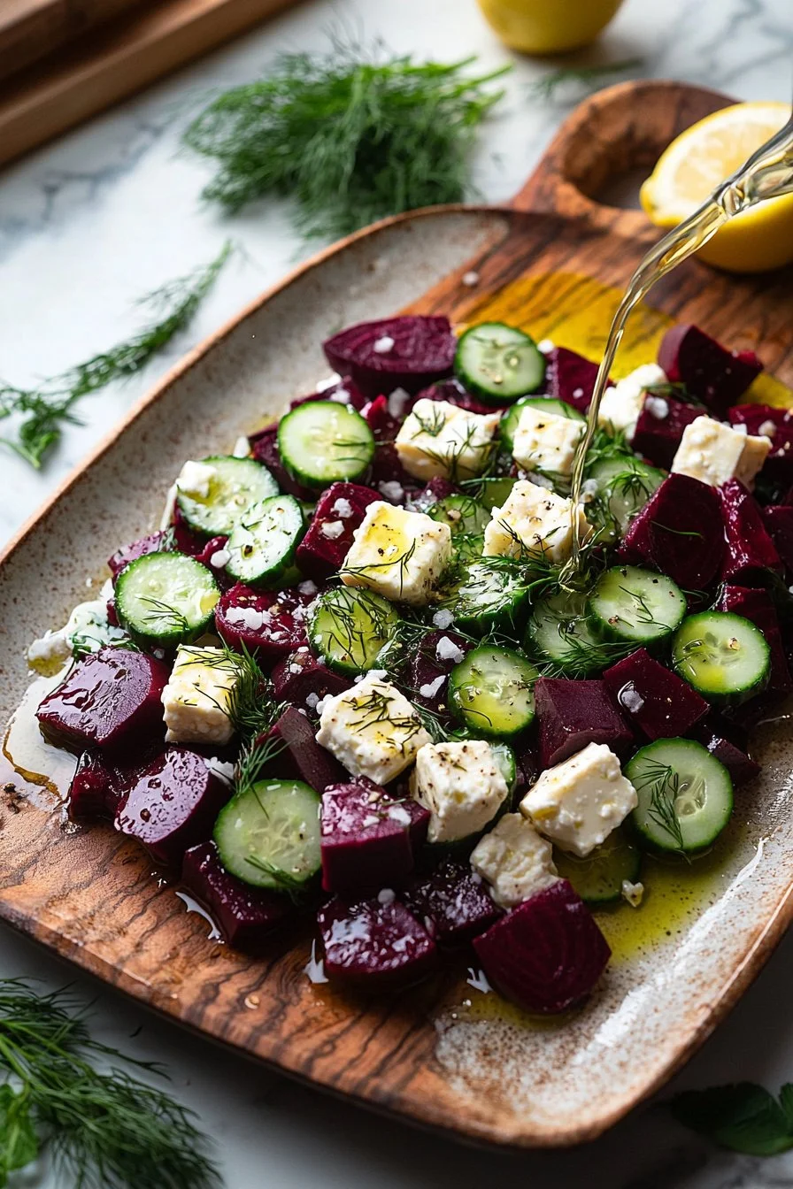 Rote Bete Feta Salat mit Gurke und Dill auf einem schönen Teller