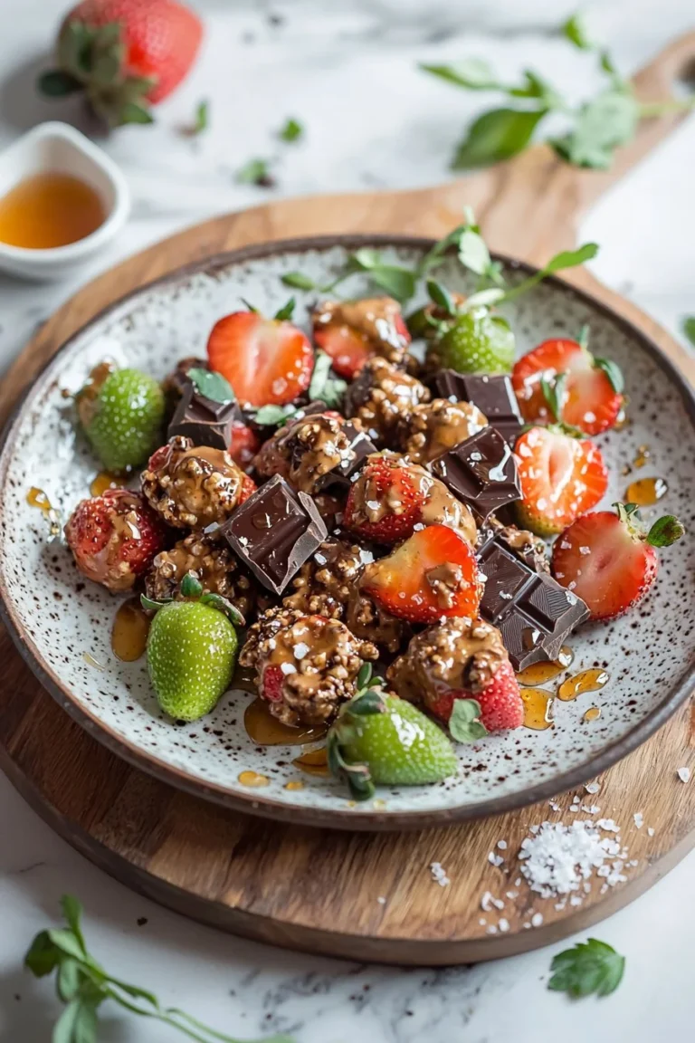 Delikate Schokoladen-Erdbeer-Cluster mit griechischem Joghurt auf einem weißen Teller.