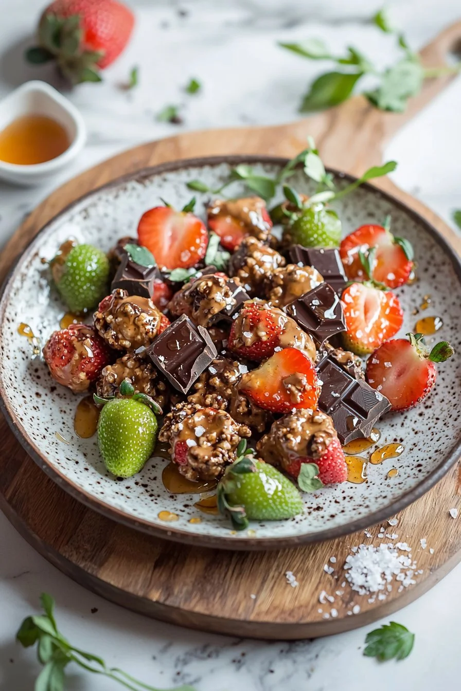 Delikate Schokoladen-Erdbeer-Cluster mit griechischem Joghurt auf einem weißen Teller.