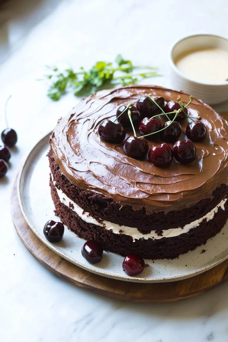 Beinahe perfekter Schokoladen-Kirsch-Lagenkuchen mit saftigen Kirschen und leckerer Schokoladenschicht.