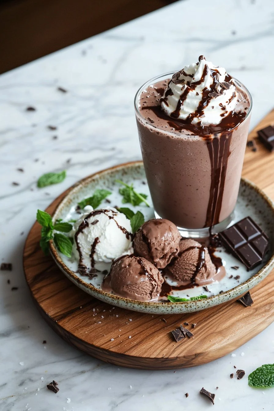 Leckere Schokoladen-Milchshake in einem Glas mit Sahne und Schokoladensauce
