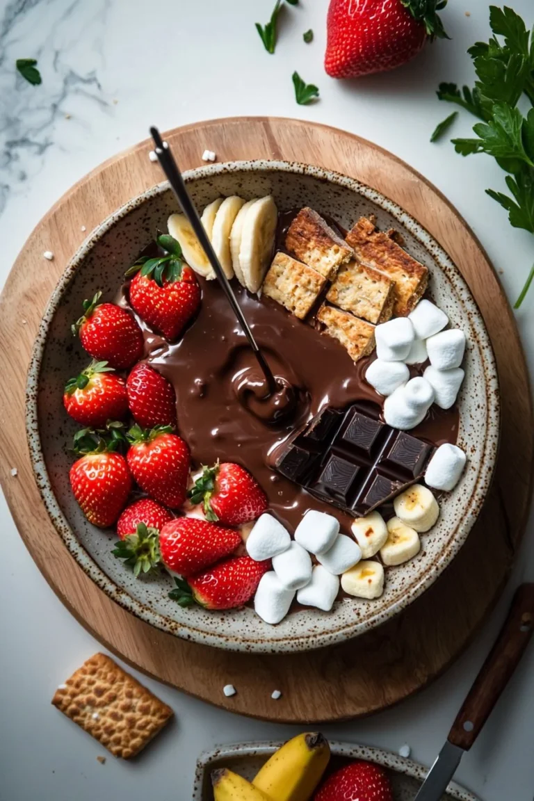 Köstliches Schokoladenfondue mit frischen Früchten und Dipp-Sticks