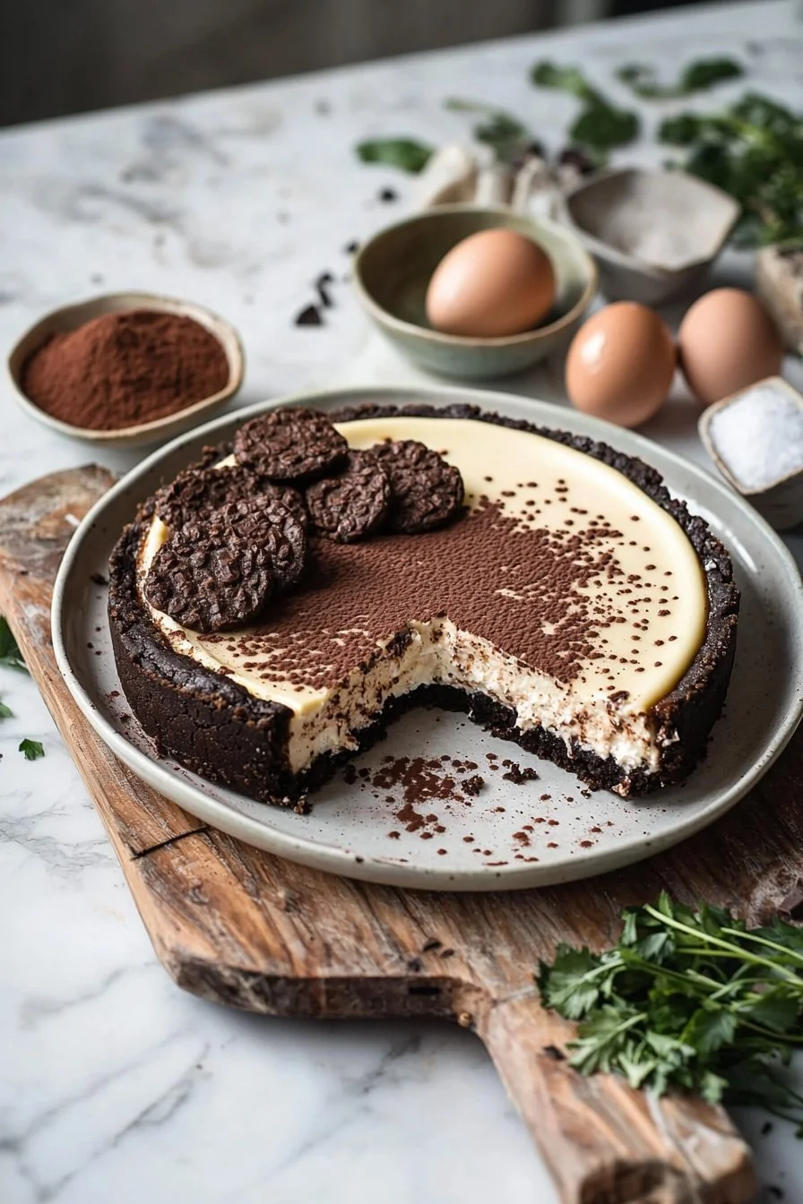 Schokoladenkeks-Käsekuchen mit Schokoladenglasur und Kekskrümel-Boden