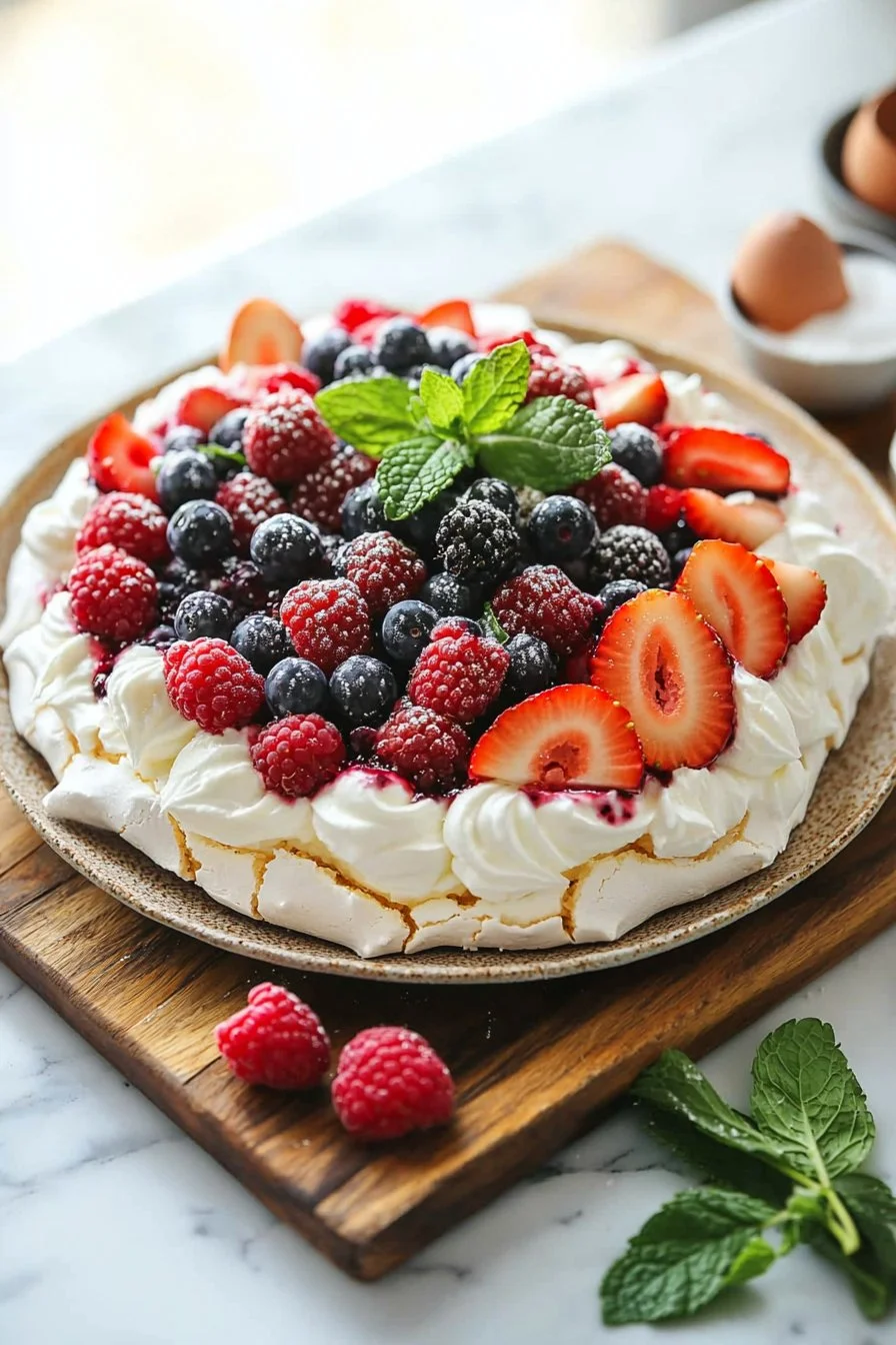 Sommer Beeriger Pavlova mit frischen Beeren, leichtem Baiser und Sahne.