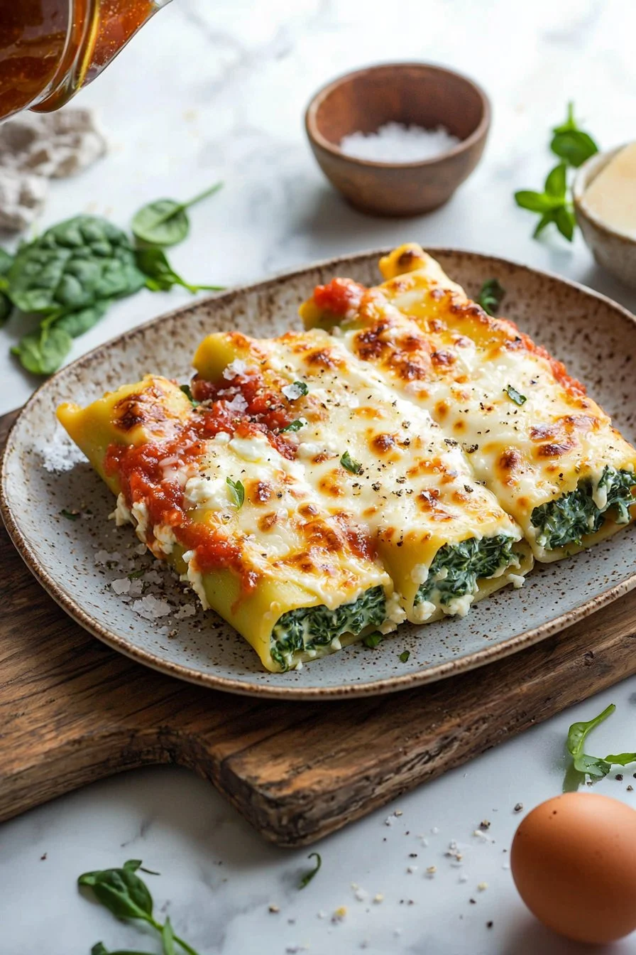 Gebackene Spinat- und Käse-Manicotti mit Tomatensauce