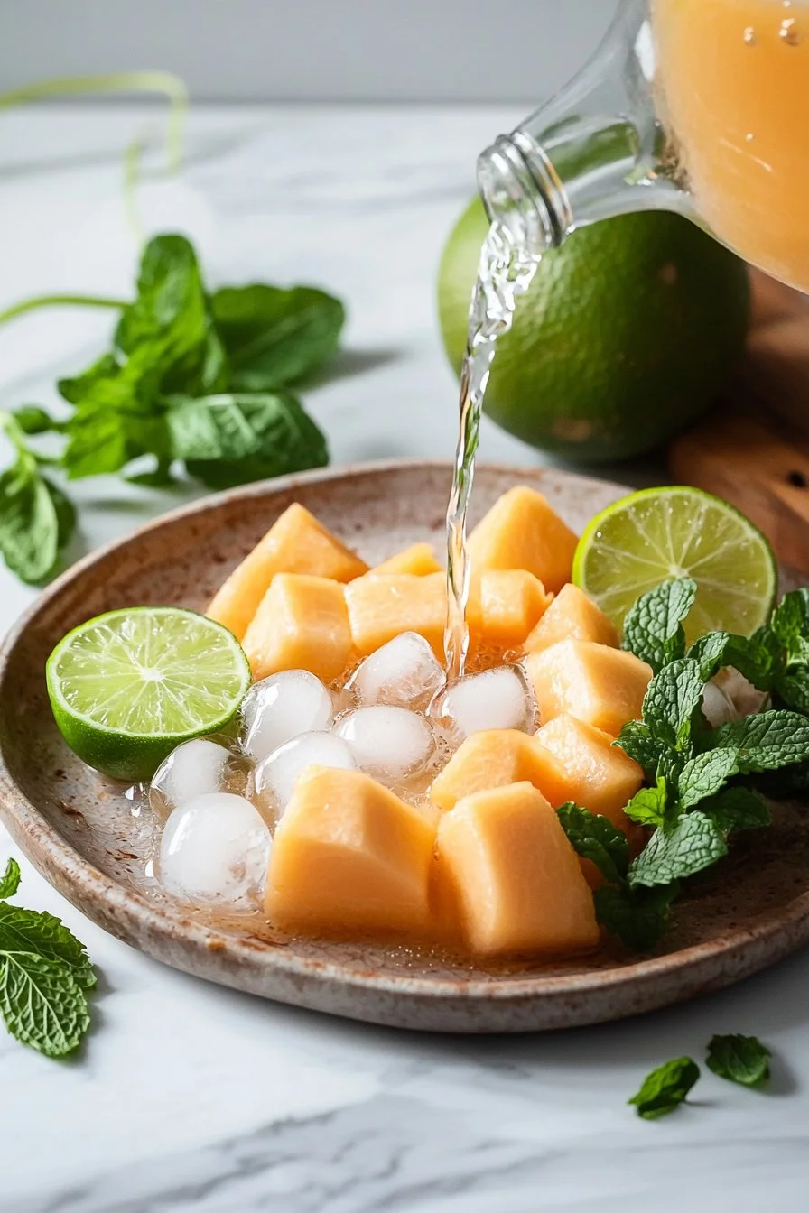 Erfrischende sprudelnde Cantaloupe-Kühlung in einem Glas mit Eiswürfeln.