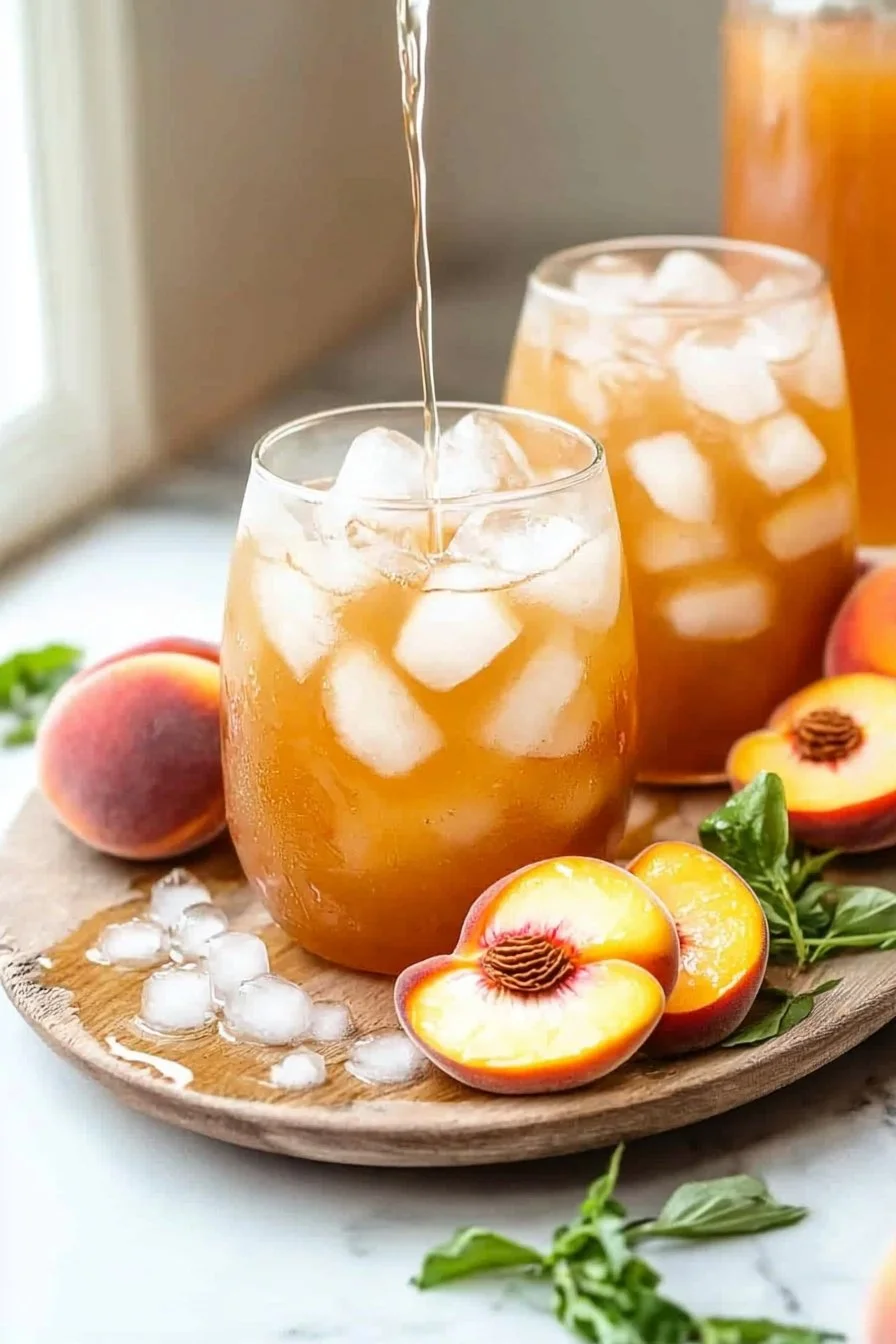 Erfrischender süßer Pfirsicheistee in einem Glas mit Pfirsichscheiben