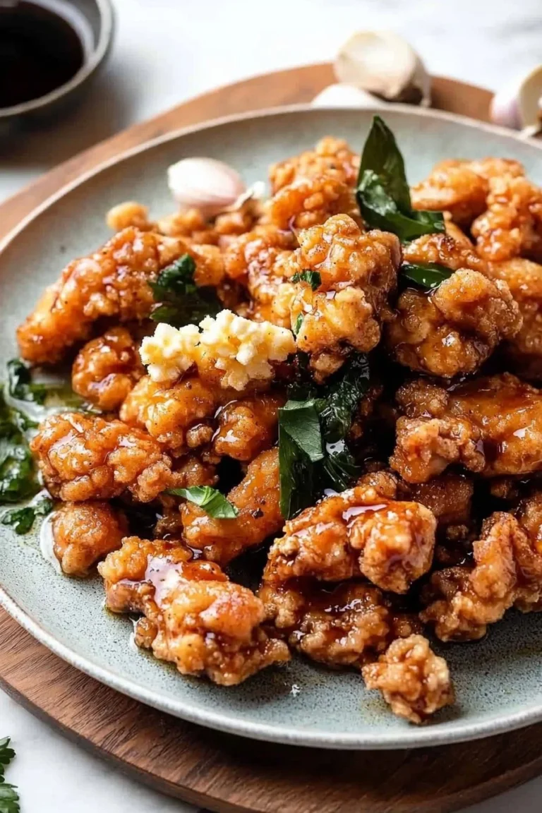 Taiwanesisches Popcorn-Hühnchen serviert mit würziger Sauce und frischen Kräutern.
