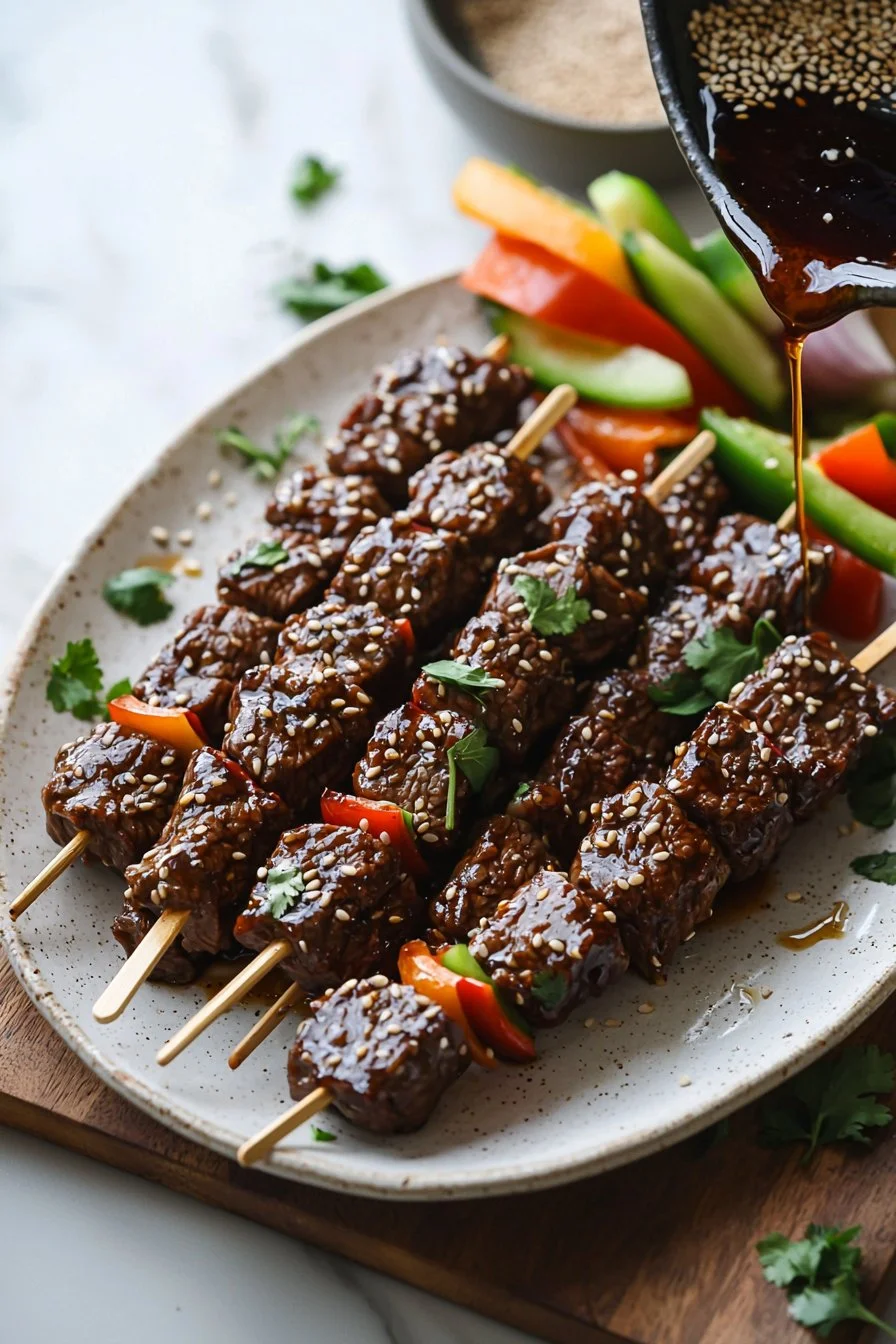 Teriyaki-Sesam-Rindfleisch-Spieße auf einem Grill