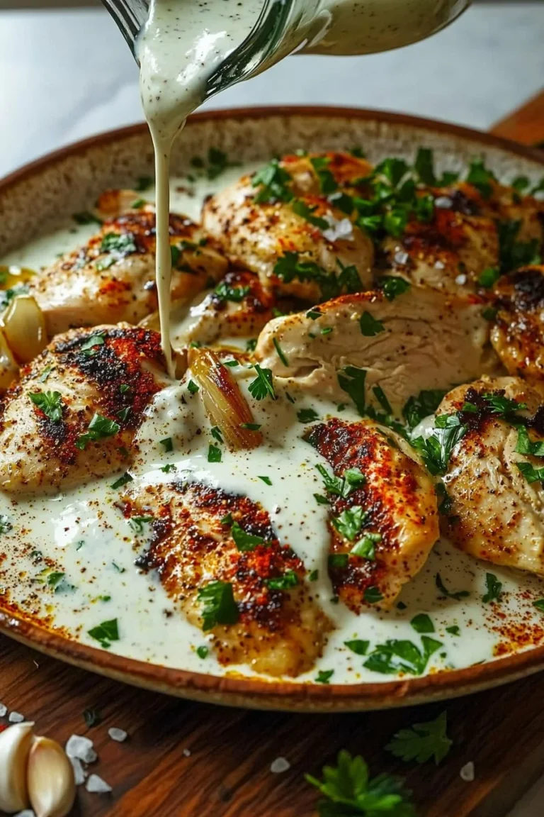 Türkisches Hähnchen mit cremiger Weißsauce auf einem Teller serviert
