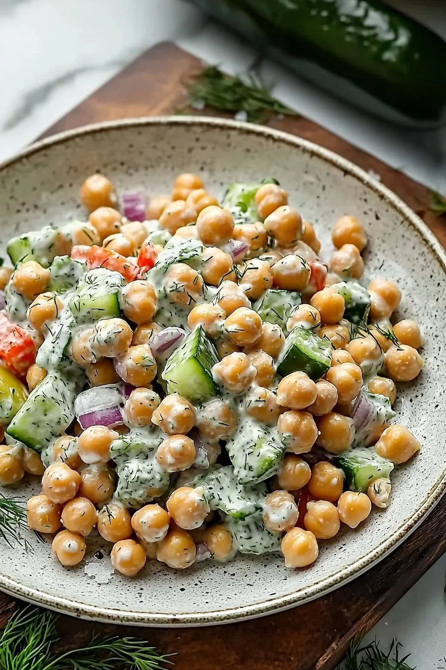Tzatziki Kichererbsensalat auf einem bunten Teller