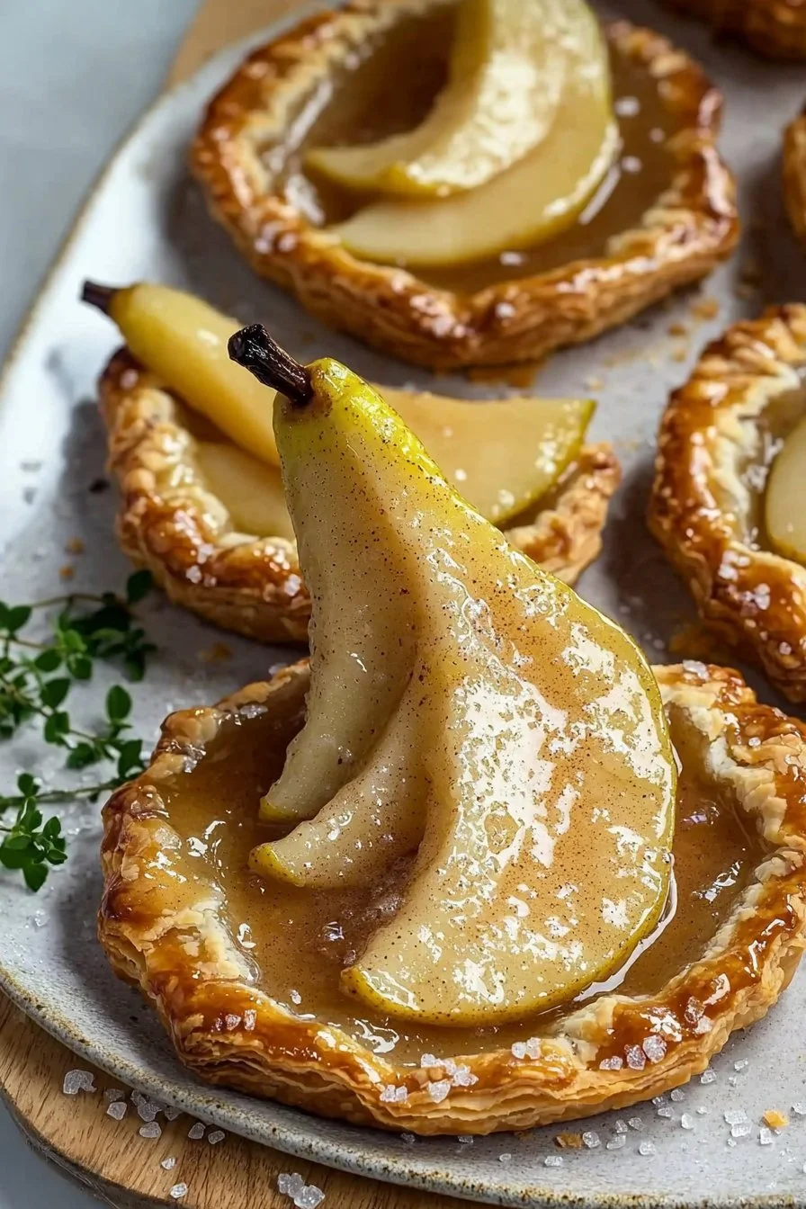 Umgedrehte Birnentörtchen mit saftigen Birnen als köstliches Dessert.