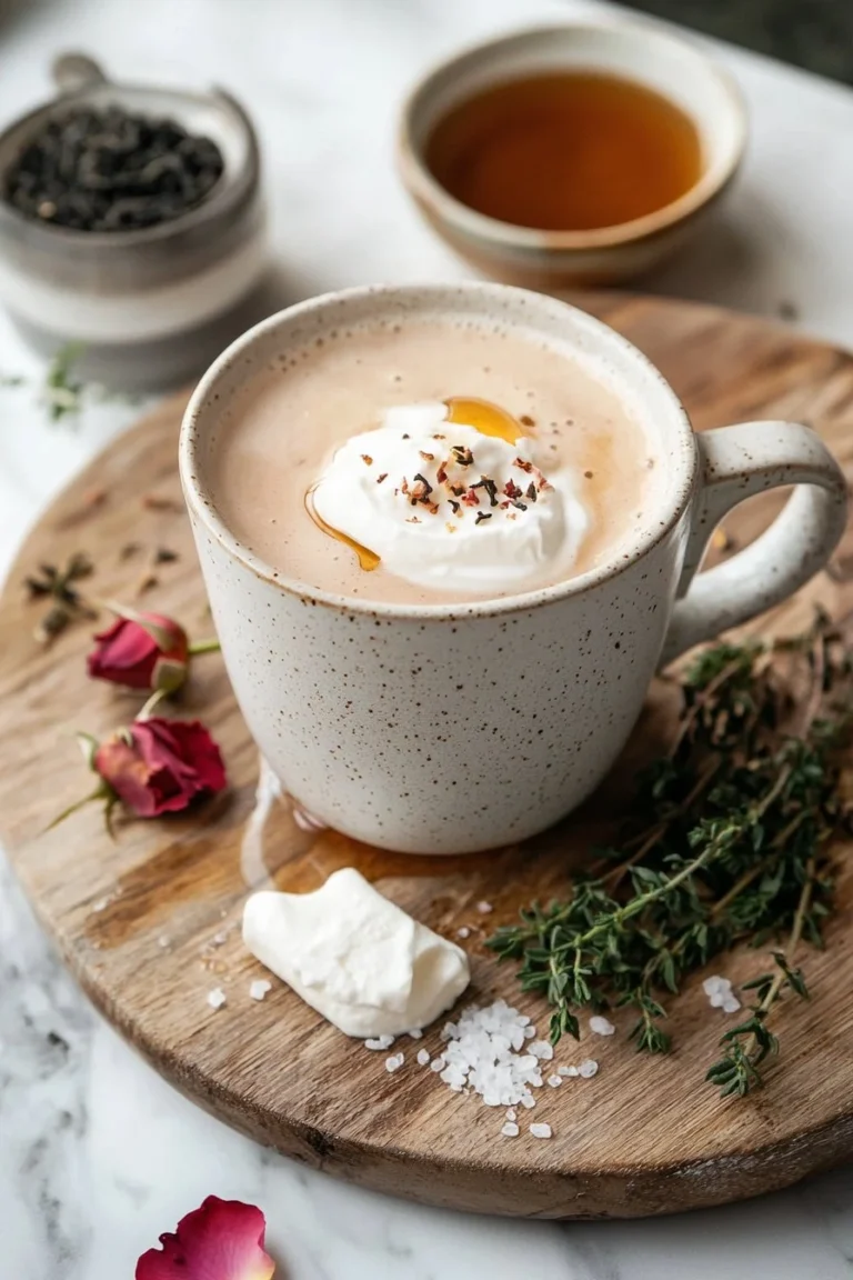 Tasse Vanille-Rosen-Tee-Latte mit Blüten und Vanille auf einem Holzuntergrund
