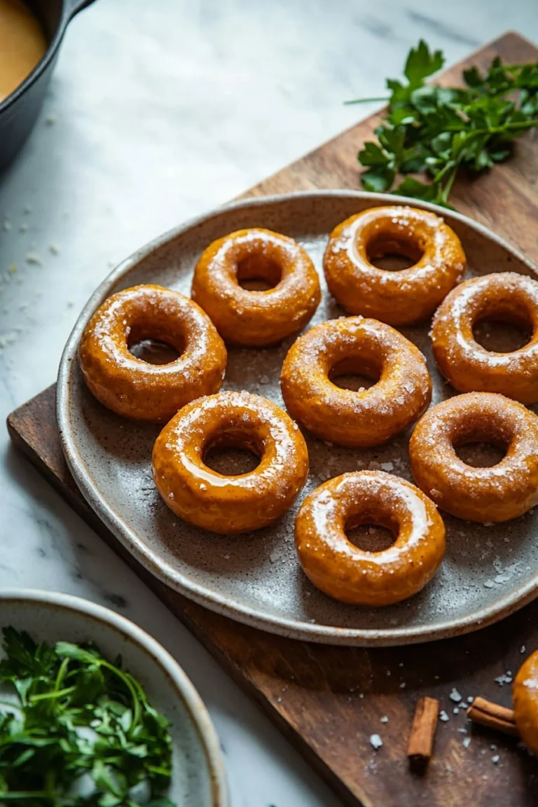 Vegane Kürbisdonuts auf einem weißen Teller, dekoriert mit Zimt und Zucker.