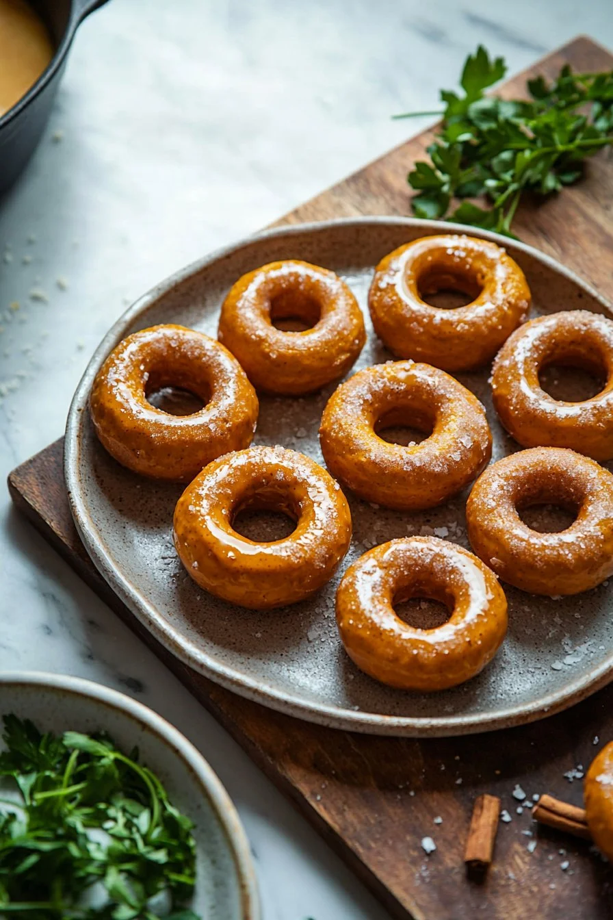 Vegane Kürbisdonuts auf einem weißen Teller, dekoriert mit Zimt und Zucker.