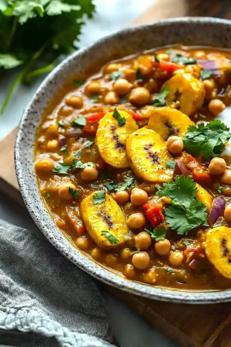 Veganer karibischer Kochbananen-Curry mit buntem Gemüse und Gewürzen