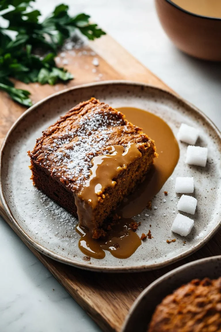 Vegane Kürbis-Kaffeekuchen auf einem Teller, dekoriert mit Kürbiskernen.