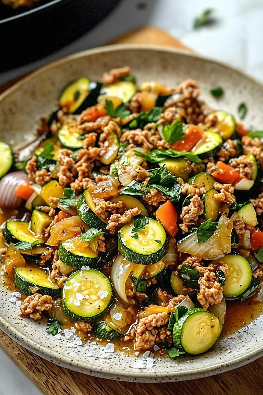 Gemüse-Stir-Fry mit Truthahn-Hackfleisch und frischer Zucchini