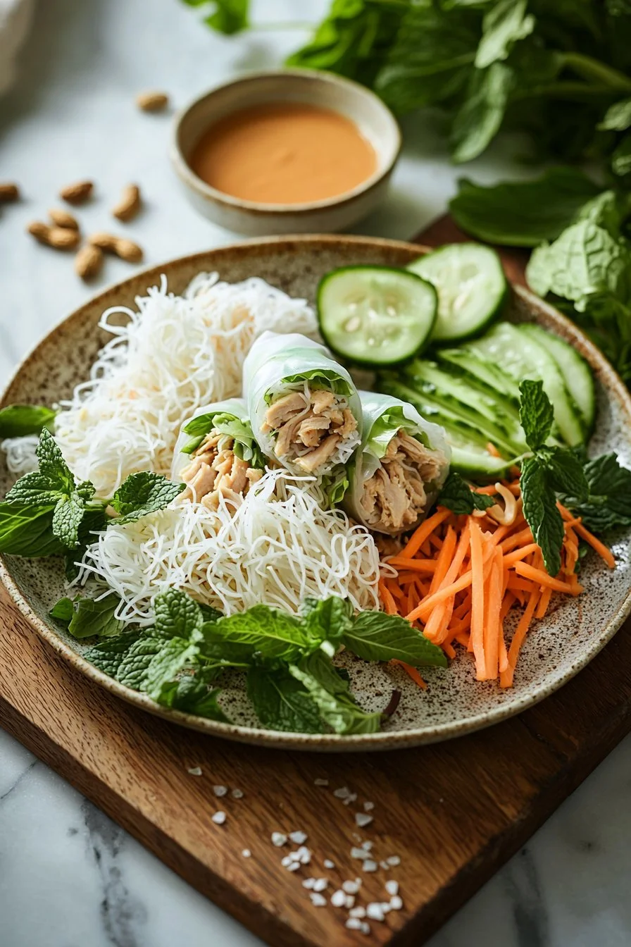 Vietnamesische Sommerrollen mit Hähnchen und frischem Gemüse auf einem Teller