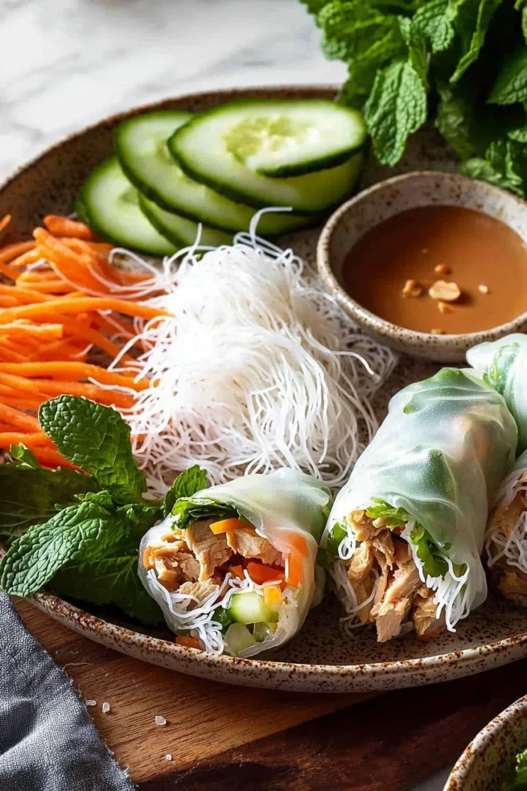 Vietnamesische Sommerrollen mit Hähnchen auf einem schönen Teller angerichtet.