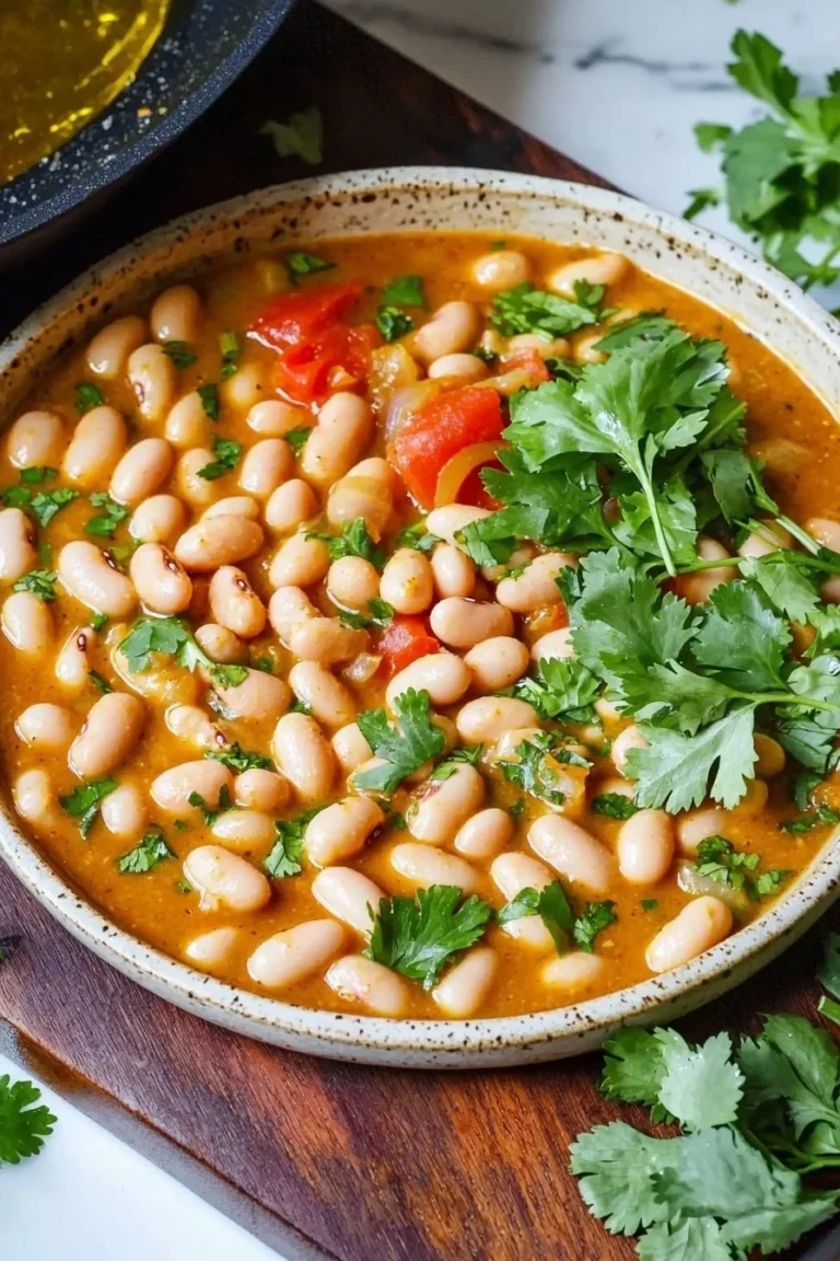 Schüssel mit Weißer Bohnen-Curry mit frischem Gemüse und Gewürzen