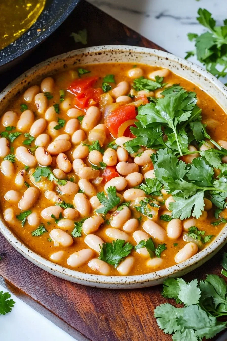 Schüssel mit Weißer Bohnen-Curry mit frischem Gemüse und Gewürzen