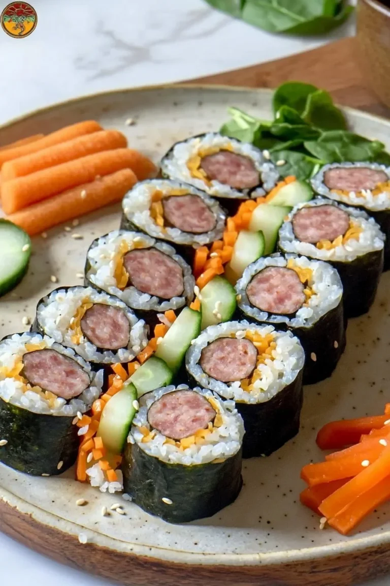 Wurst Kimbap mit frischen Zutaten und würziger Füllung auf einem Teller.