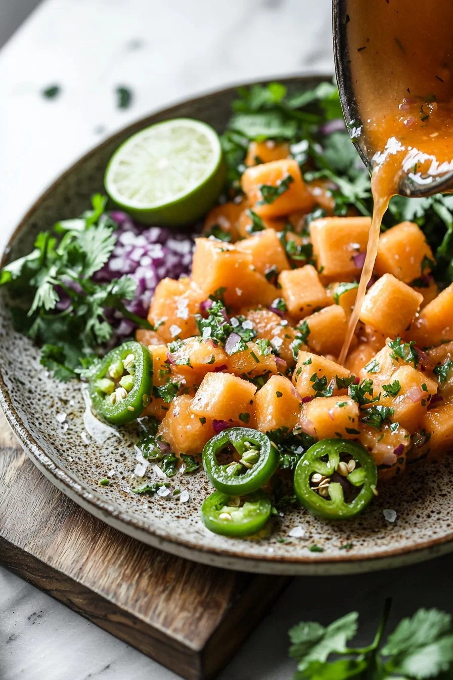 Würzige Cantaloupe-Salsa in einer Schale, serviert mit Tortilla-Chips.