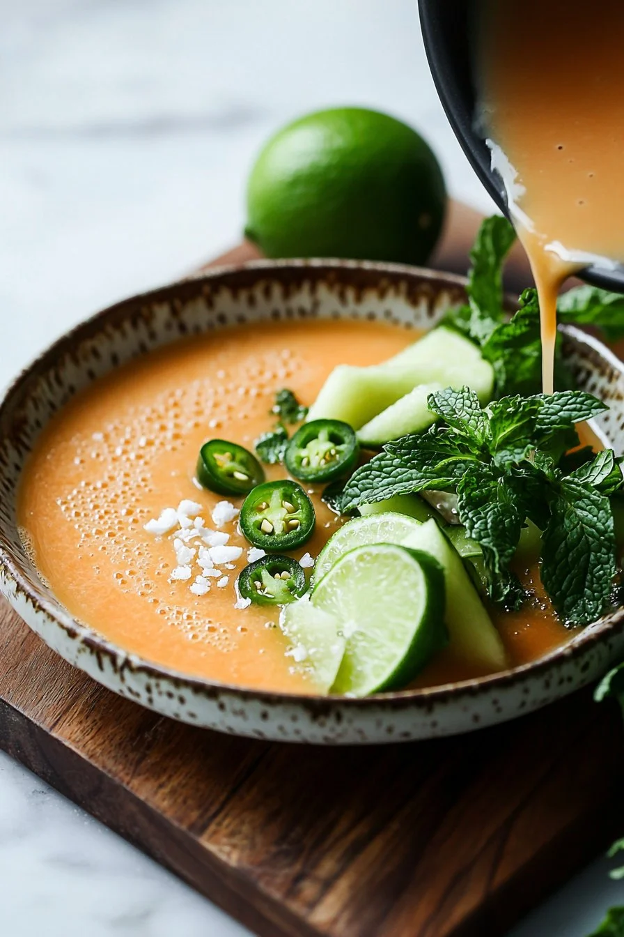 Würzige gekühlte Honigmelone-Ingwer-Suppe in einer Schüssel, garniert mit frischem Ingwer.