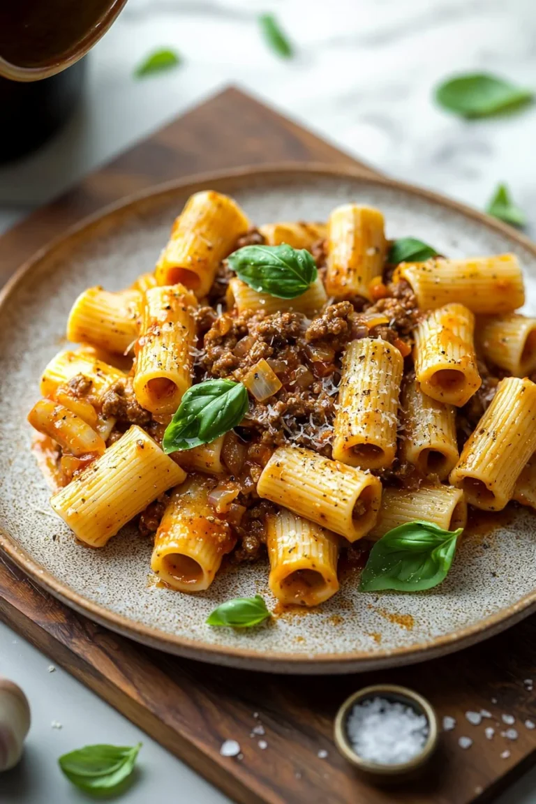 Würzige Rinder-Rigatoni mit aromatischen Zutaten auf einem Teller