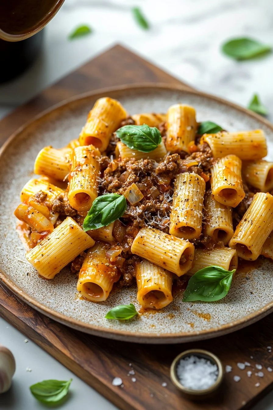 Würzige Rinder-Rigatoni mit aromatischen Zutaten auf einem Teller