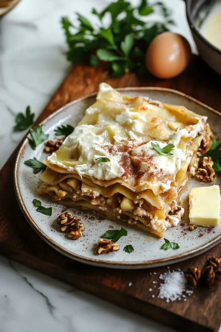 Zimt-Apfel-Dessert-Lasagne auf einem Teller serviert, garniert mit Zimt