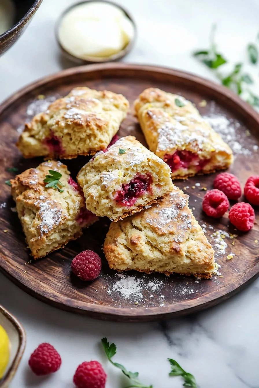 Frisch gebackene Zitronen-Himbeer-Scones auf einem Tablett