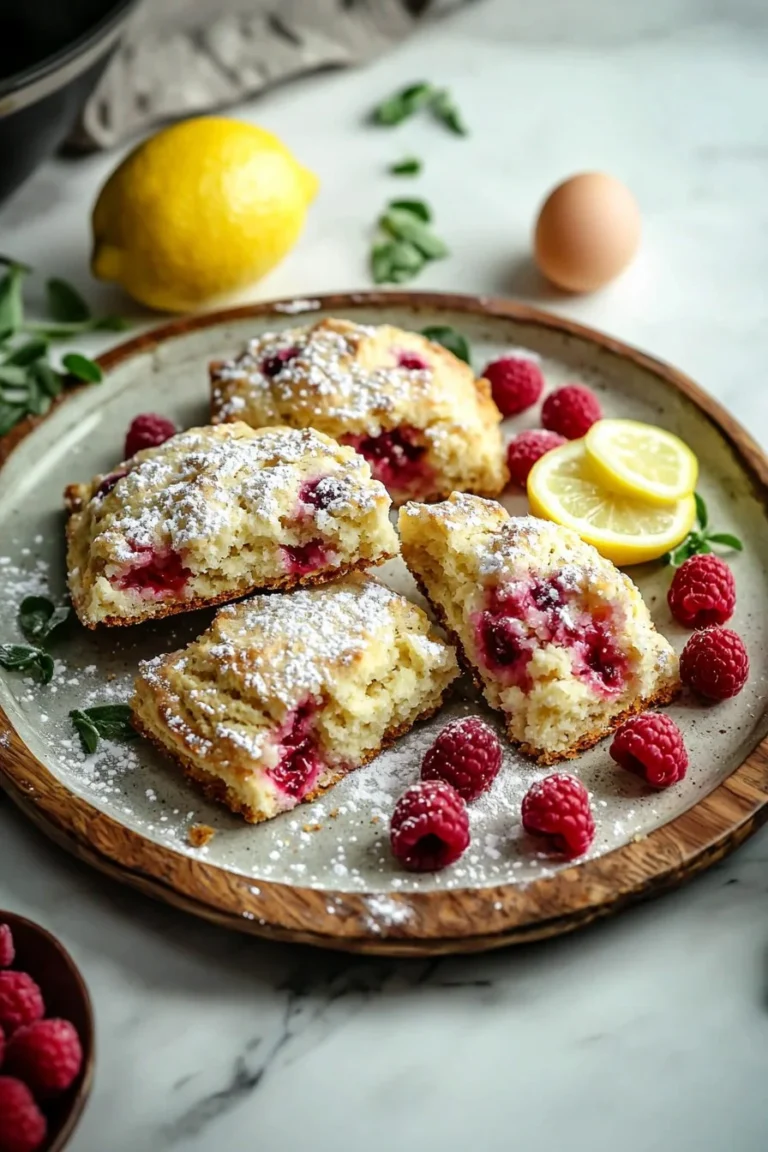 Frisch gebackene Zitronen-Himbeer-Scones mit einer Teetasse