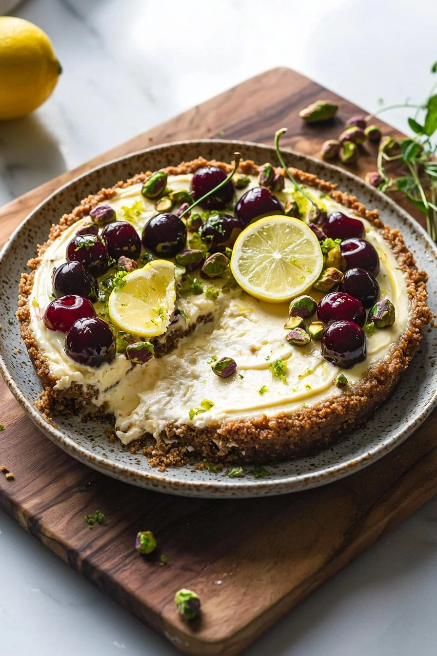 Zitronen-Limetten-Kirsch-Pistazien-Cheesecake auf einem Teller