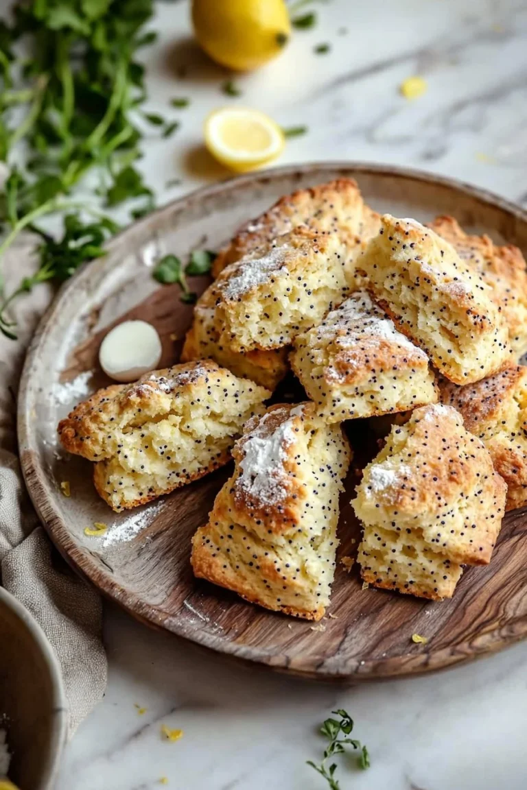 Frisch gebackene Zitronen-Mohnscones auf einem Holztisch.