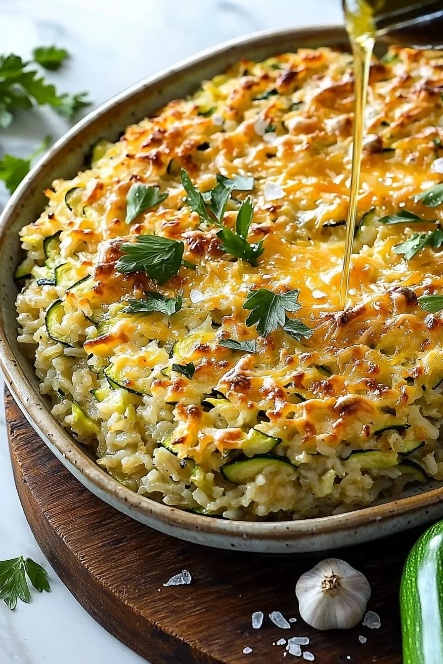 Zucchini-Reis-Auflauf mit frischem Gemüse und Käse überbacken