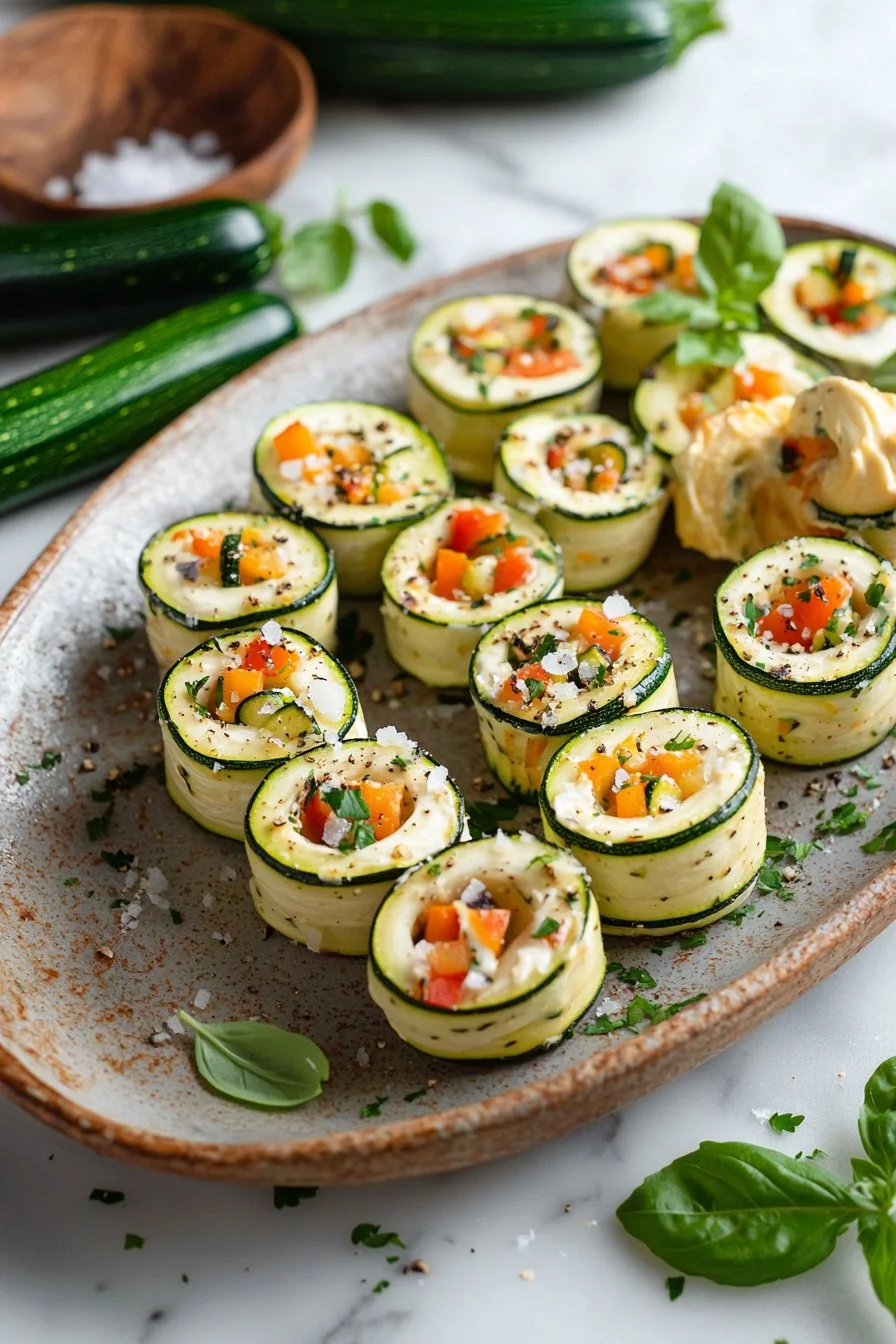 Zucchini-Röllchen gefüllt mit frischen Zutaten und Kräutern