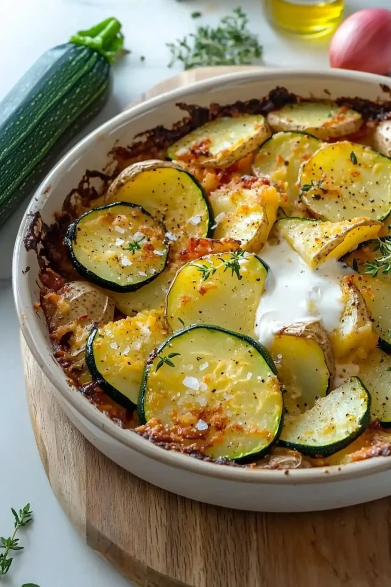 Zucchini und Kartoffelauflauf mit Käse überbacken, serviert auf einem Teller