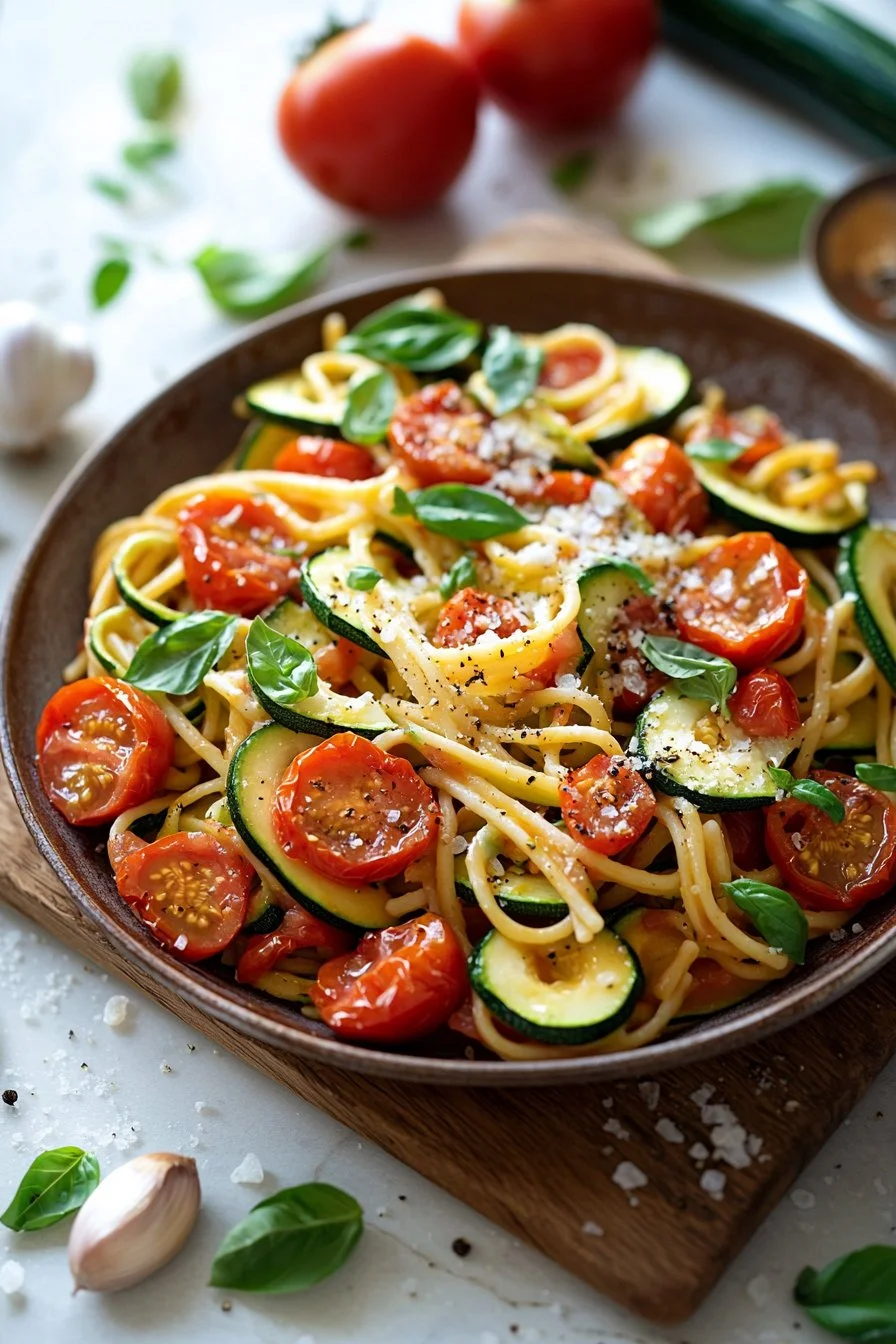 Zucchini Tomaten Pasta Pfanne mit frischen Zutaten auf einem Teller