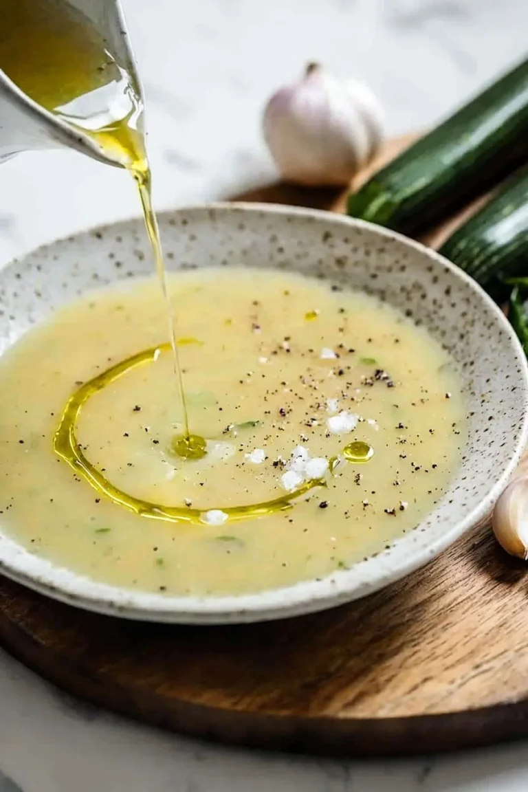 Schüssel mit frischer, cremiger Zucchinisuppe garniert mit Kräutern