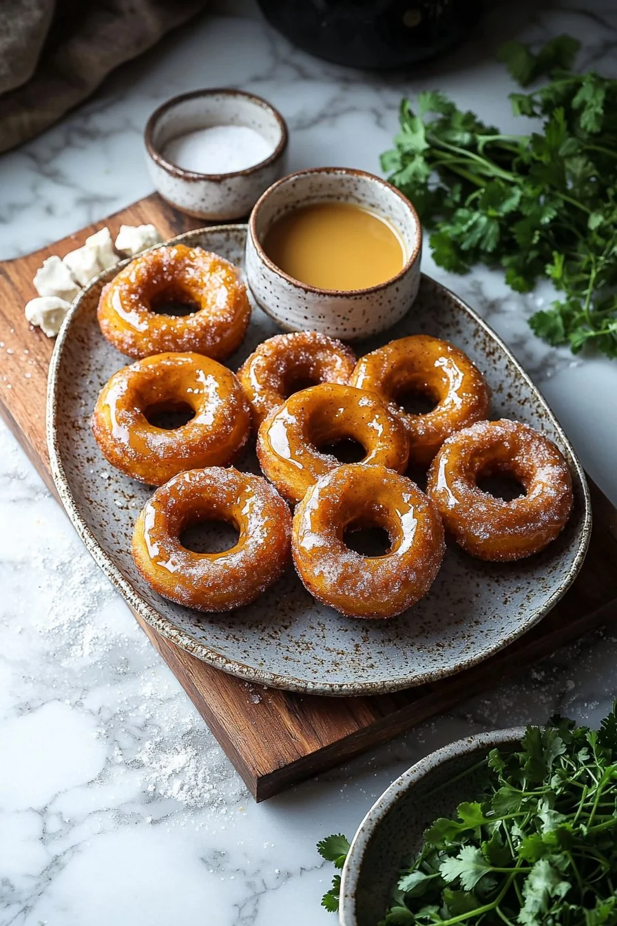 Ahorn-Glasierte Kürbisteigdonuts auf einem rustikalen Tisch