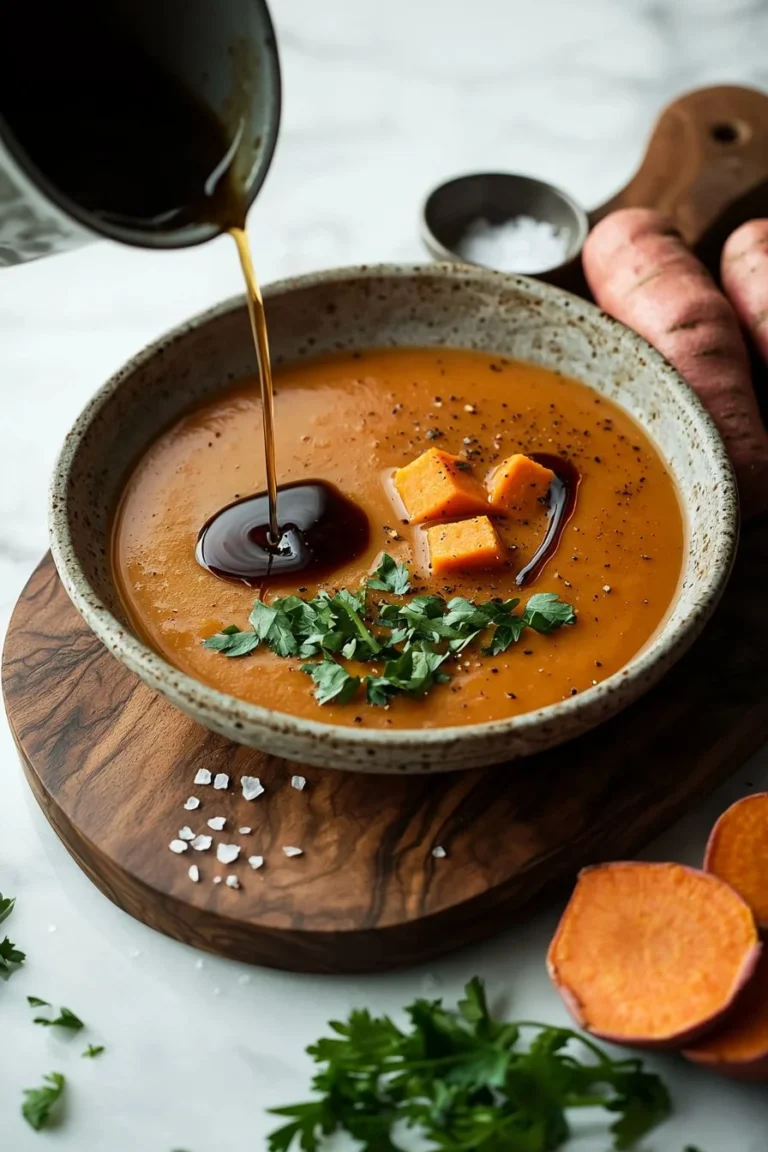 Schüssel mit Ahorn-Roasted Süßkartoffel-Möhrensuppe, garniert mit frischen Kräutern