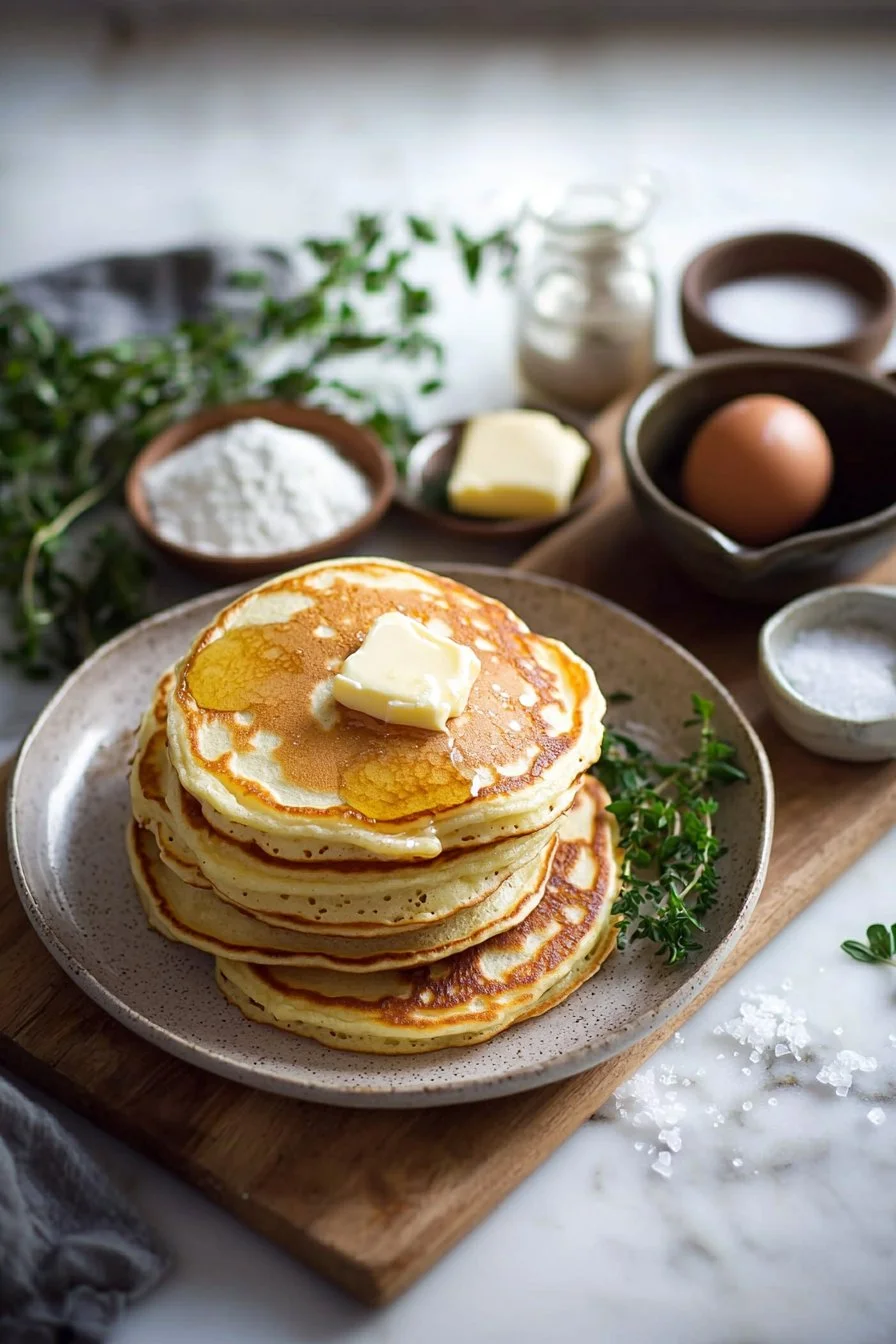 Fluffige altbewährte Pancakes auf einem Teller mit Früchten und Sirup