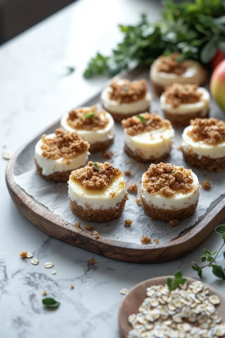 Apfel-Crisp Mini-Käsekuchen mit goldbrauner Kruste und Äpfeln