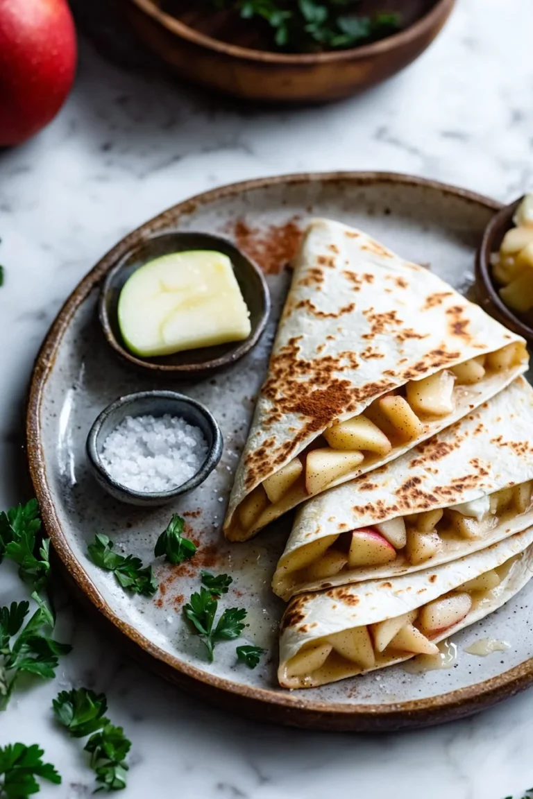 Apfel-Käsekuchen Quesadillas auf einem Teller, serviert mit frischen Äpfeln.